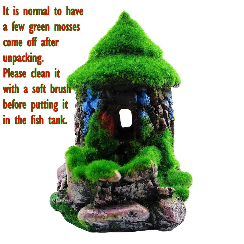 M2cbridge Aquarium Decorations Fish Hideout House Betta Cave with Green Lifelike Moss (Style 1) - Image 3